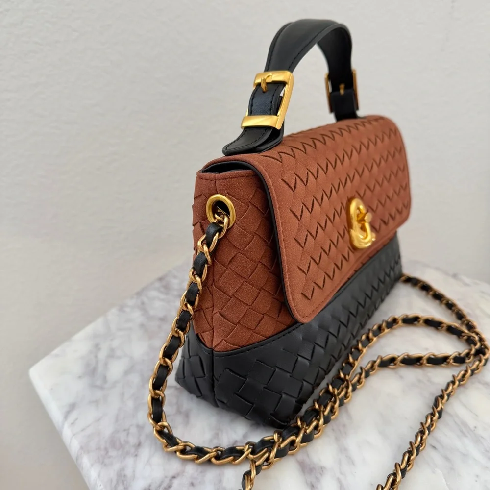 Brown Black Two-Tone Woven Leather Top Handle Crossbody Chain Strap Bag - Picture 5 of 14